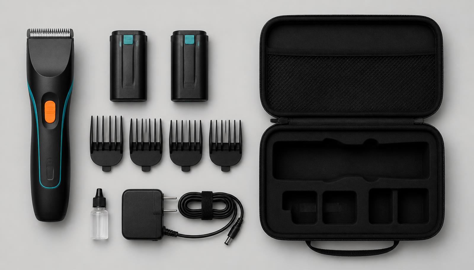Doosinhoud van de Clipr Ultimate met tondeuse, twee accu's, vier opzetkammen, olieflesje, adapter en koffer
